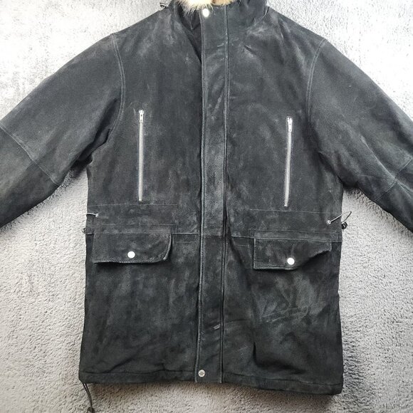 Wilsons Leather M. Julian Suede Leather Coat Faux Fur Hood Trim Mens Large Parka - Picture 10 of 12